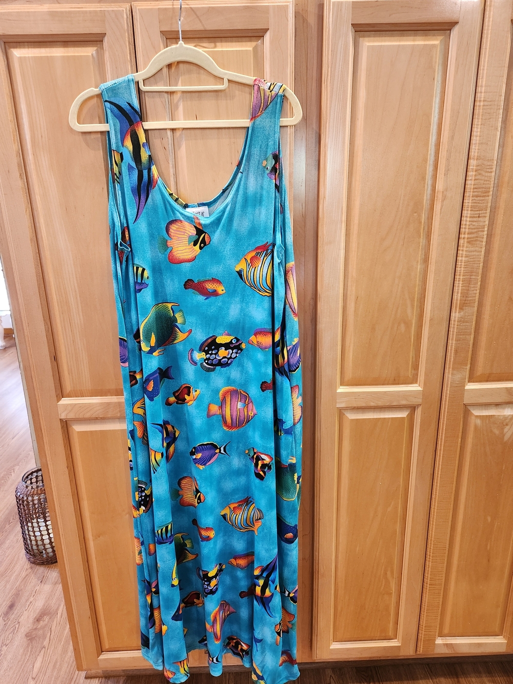 Sleeveless Turquoise Maxi Dress with Colorful Fish Print